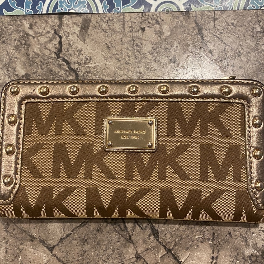 Michael Kors Gold and Brown Logo Studded Wallet